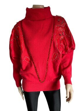 VTG 80s Miss Orly Angora Lamswool Beaded Leather Rose Turtleneck Sweater M NWT